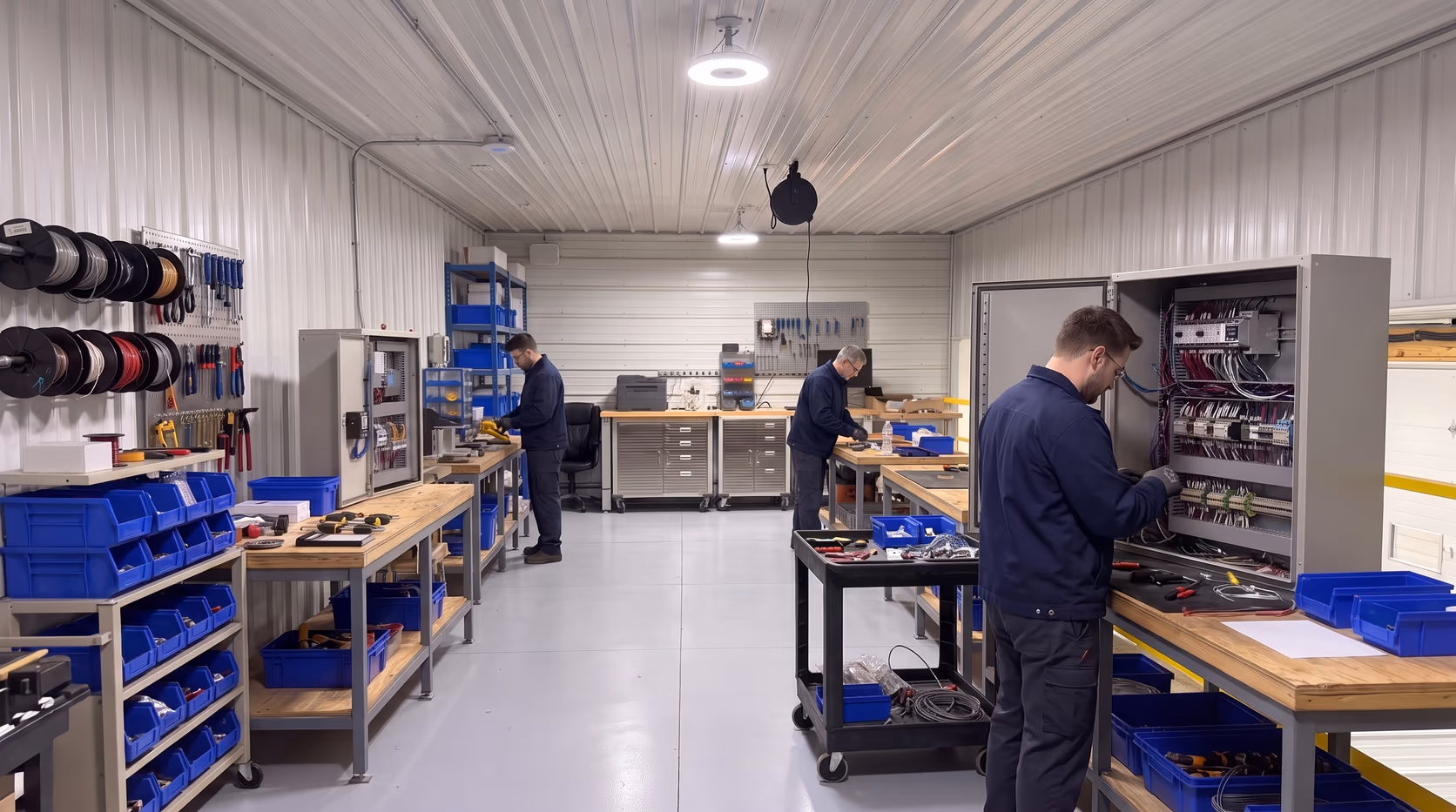 Wide shot of the SpecIQ factory floor with technicians at distance