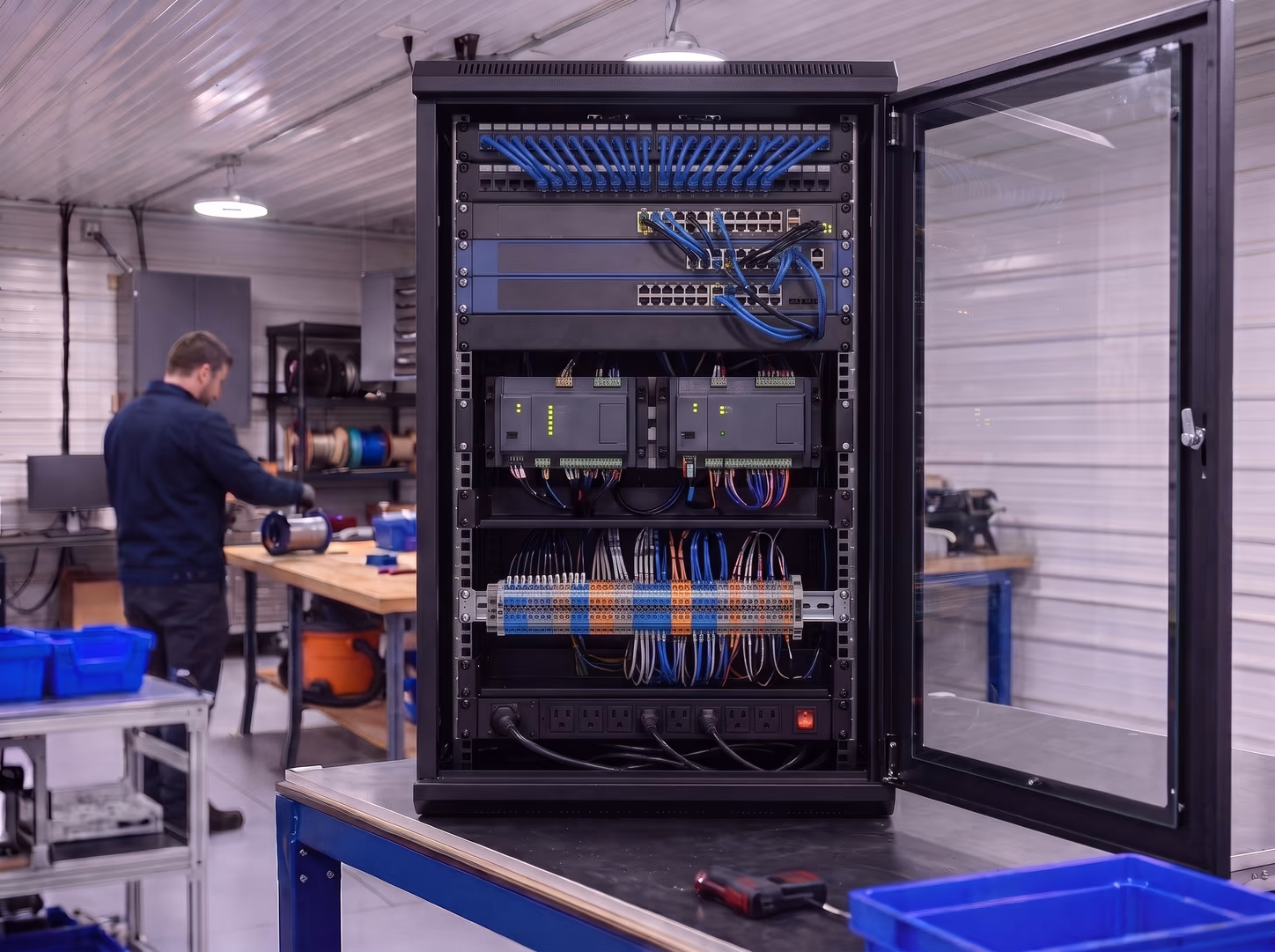 SpecIQ UL 508A rack-mounted building automation system, IP-ready, in a server rack