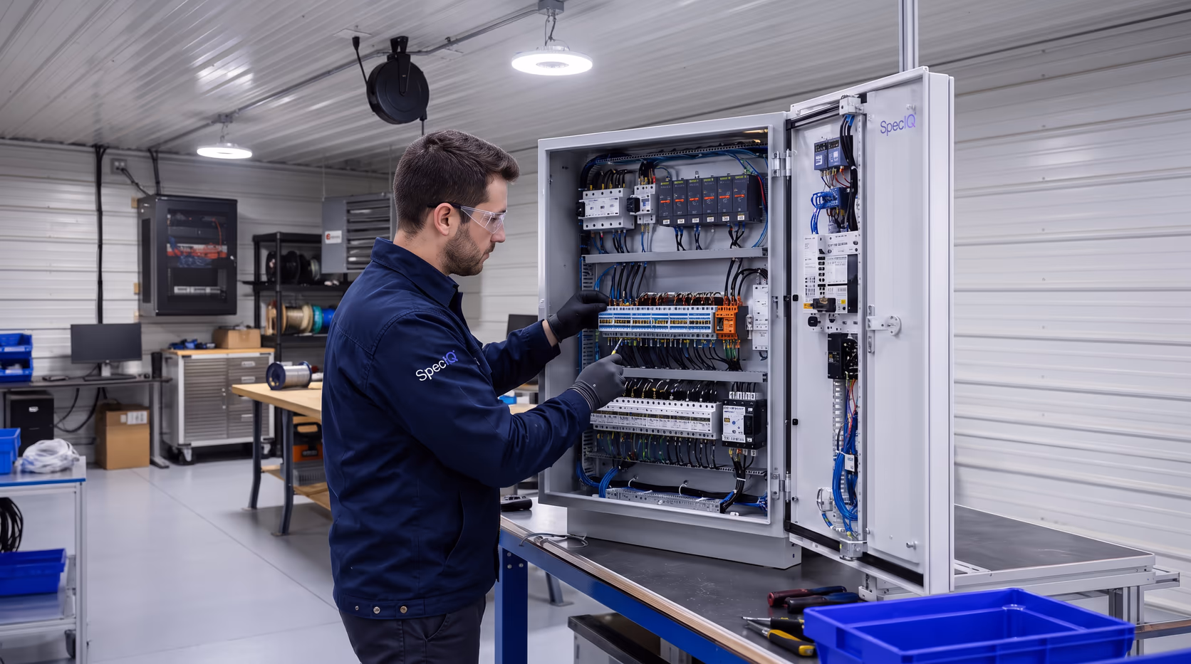 SpecIQ UL 508A custom control panel, enclosure open showing pre-wired components