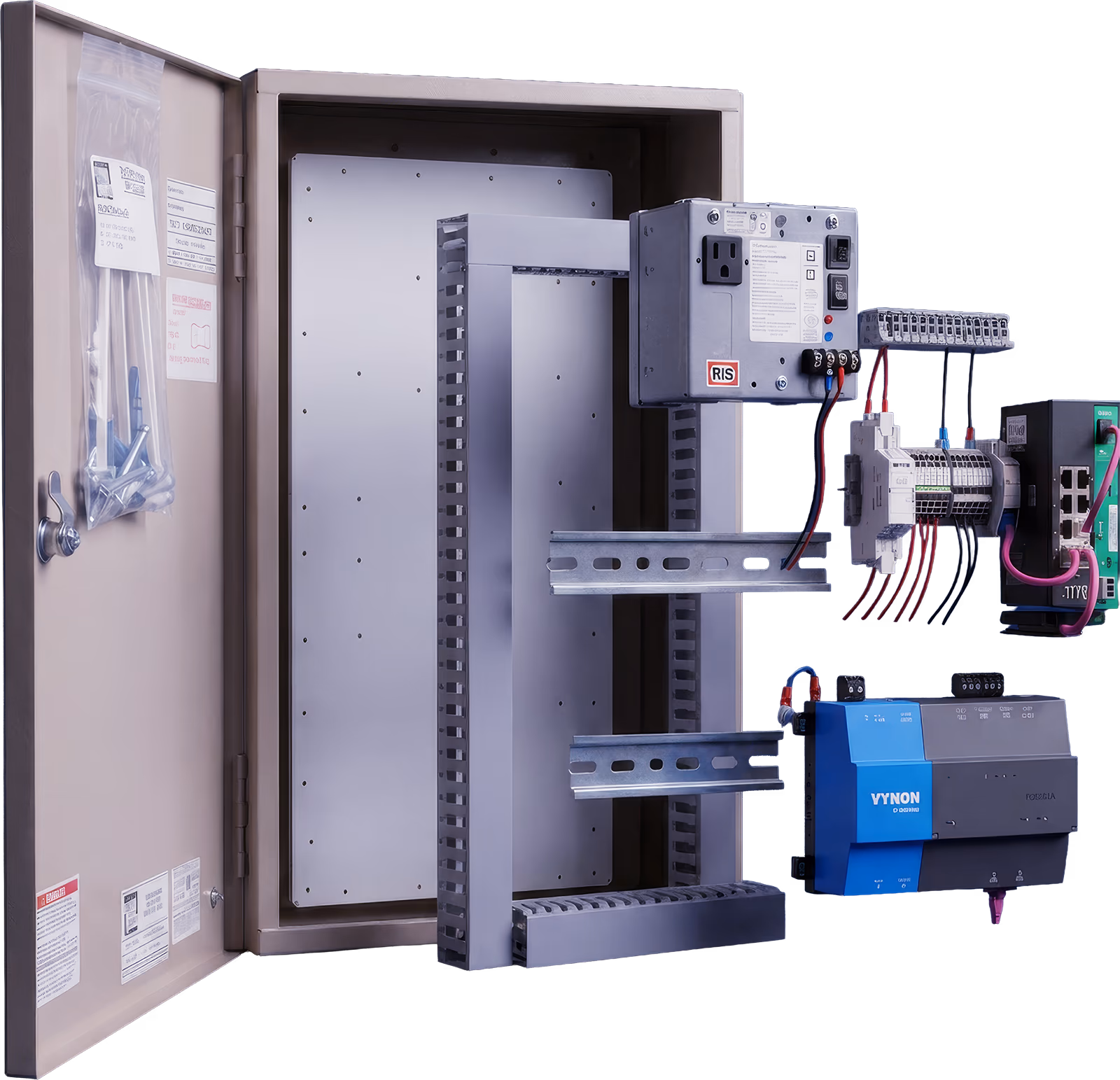 SpecIQ UL 508A building automation panel, enclosure open showing BACnet IP and DDC wiring