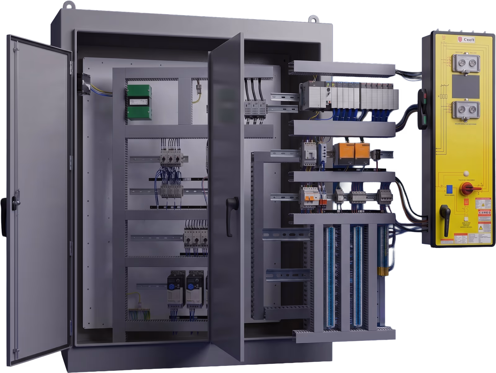SpecIQ fully custom UL 508A industrial control panel, enclosure open showing wiring